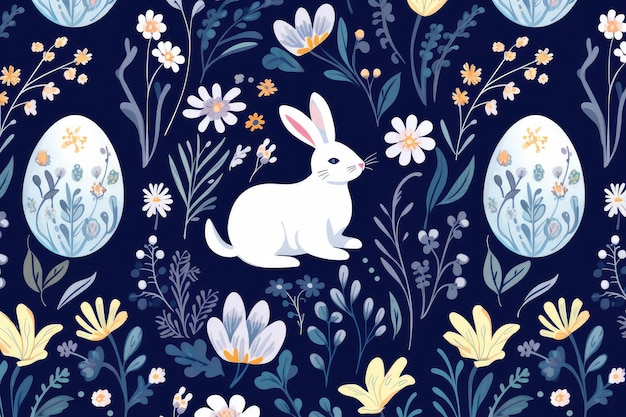 Encantador coelho de Páscoa e padrão de ovo com flores de primavera em Dark Generative AI