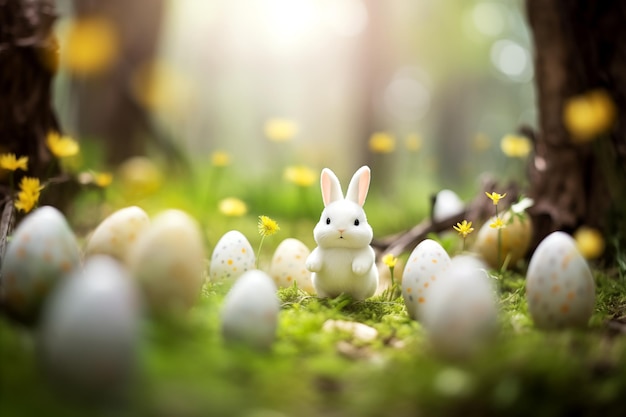 Encantador conejito de juguete entre coloridos huevos de Pascua en una escena mágica y encantada de pradera forestal