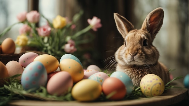 El encantador conejo de Pascua, un bebé conejo esponjoso que come hierba con una canasta llena de huevos de Pascua coloridos en el fondo de la naturaleza, símbolo del festival de Pascua.