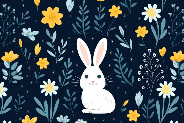 Encantador conejo de Pascua y patrón de huevo con flores de primavera en la IA generativa oscura