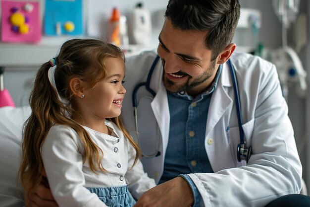 Foto encantador doctor jugando con una niña en el hospital