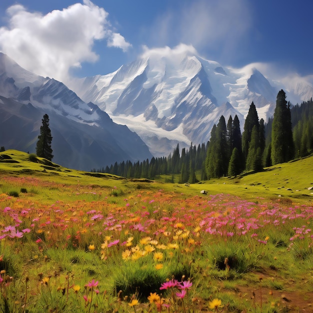 Encantador Fairy Meadows, un prado exuberante en la base de Nanga Parbat Pakistán IA generativa