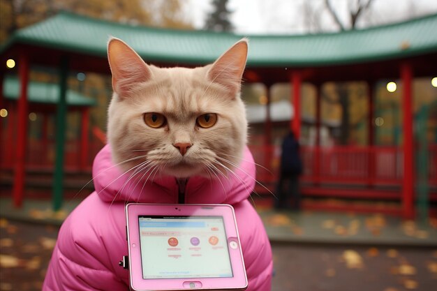 Foto el encantador felino con una elegante chaqueta rosa cautivado por la pantalla de la tableta