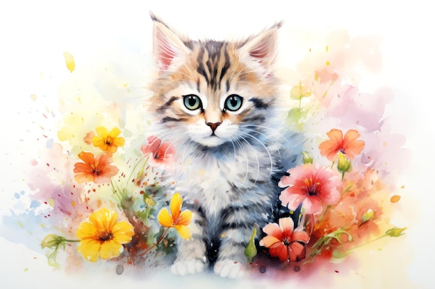 Encantador gato de dibujos animados acuarela gatito con acentos florales concepto de arte de dibujo