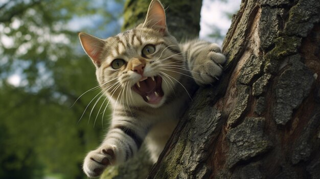 El encantador gato manchado de ceniza afila sus garras en un tronco de árbol en el jardín IA generativa