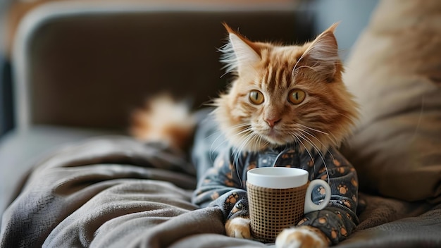 Un encantador gato naranja con pijama disfruta del café en un sofá Concepto de mascotas gatos pijama sofá de café