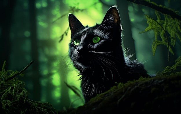 Encantador gato negro con luminosos ojos verdes contra la luna llena