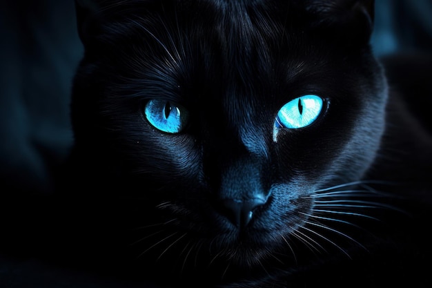 Encantador gato preto olhos azuis Cabeça de gatinho escuro Gerar Ai