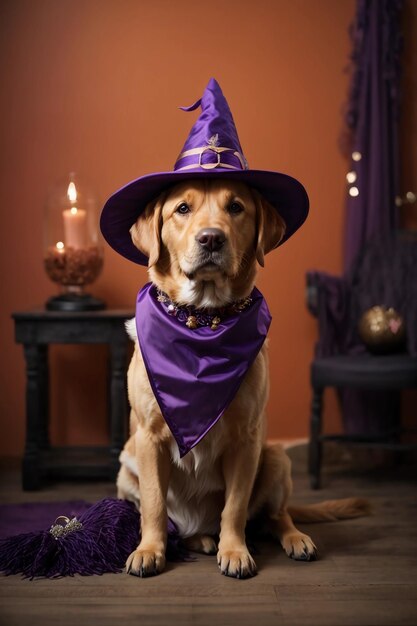 Foto encantador golden adorável golden retriever usando um chapéu de bruxa em um cenário místico