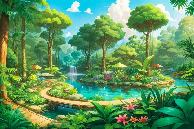 Encantador jardín botánico de aventuras en la naturaleza salvaje de la jungla de dibujos animados en un bosque verde de fantasía