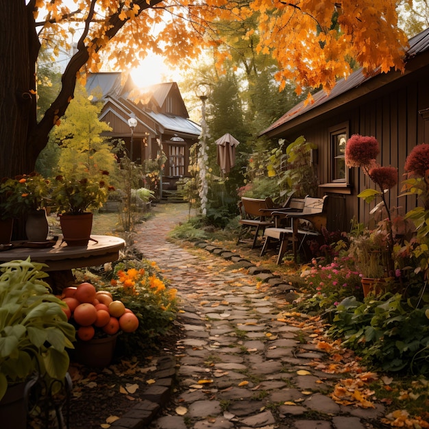 Encantador jardín de campo en otoño con calabazas y flores