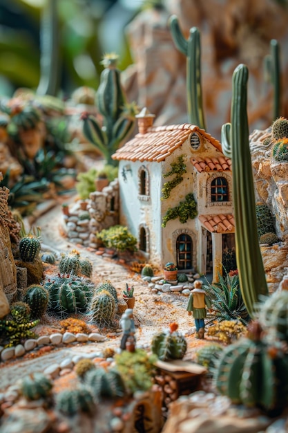 Foto encantador jardín de hadas en miniatura con cactus y casa