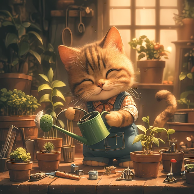 El encantador jardinero gato es perfecto para la decoración del hogar