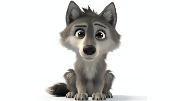 Un encantador lobo 3D con ojos encantadores y pelaje esponjoso hermosamente representado sobre un fondo blanco prístino esta adorable criatura es perfecta para agregar un toque de dulzura y naturaleza a