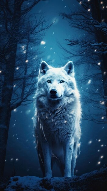 El encantador lobo blanco perdido en la hermosa noche de invierno