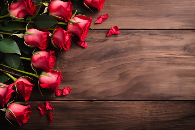 Encantador marco floral adornado con rosas rojas y una cinta en un fondo de madera que crea un romanticismo