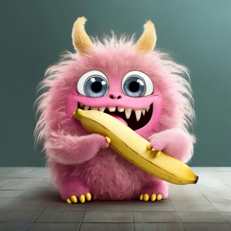 Un encantador monstruo rosado y esponjoso disfrutando de un bocadillo de plátano