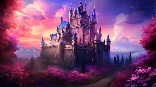 Encantador mundo de fantasía en un bosque místico con un antiguo castillo.