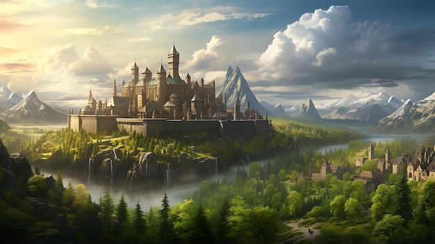Encantador mundo de fantasía en un bosque místico con un antiguo castillo.