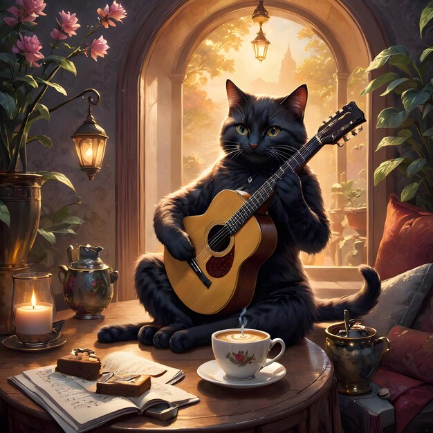 En un encantador mundo de fantasía un gato romántico se sienta en un rincón acogedor tocando la guitarra con un delicado pa