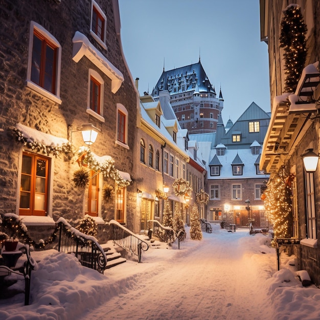 El encantador país de las maravillas invernales en el casco antiguo histórico de la ciudad de Quebec