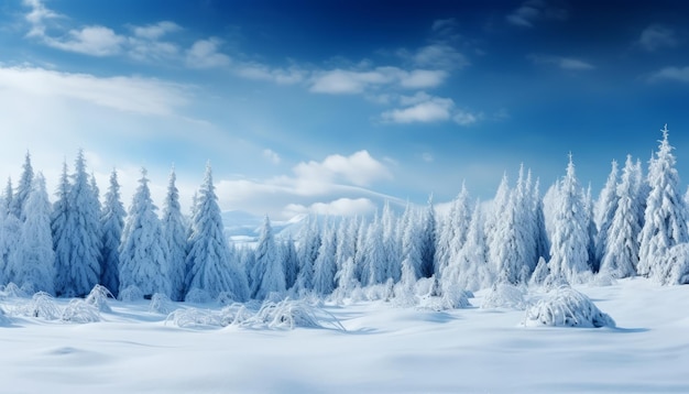 Encantador país de las maravillas de invierno con brillantes ramas de abeto cubiertas de nieve y delicadas nevadas