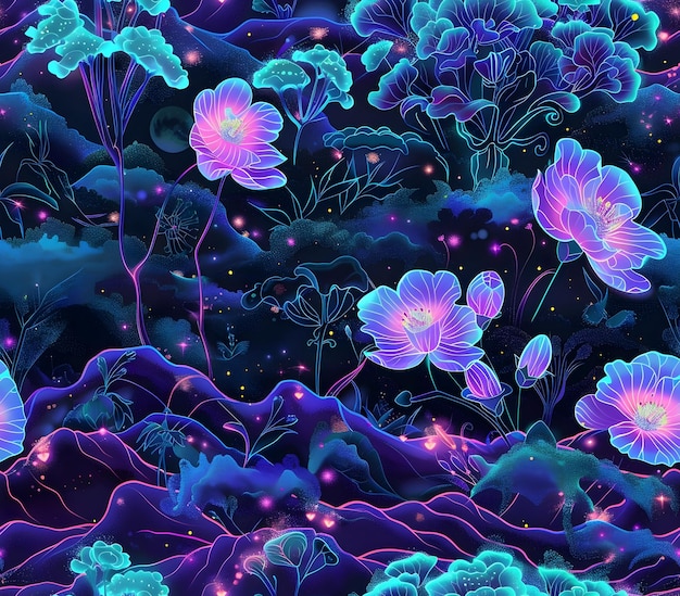 Foto encantador paisaje botánico cósmico con pétalos florales de neón bioluminescentes en un paisaje galáctico sereno