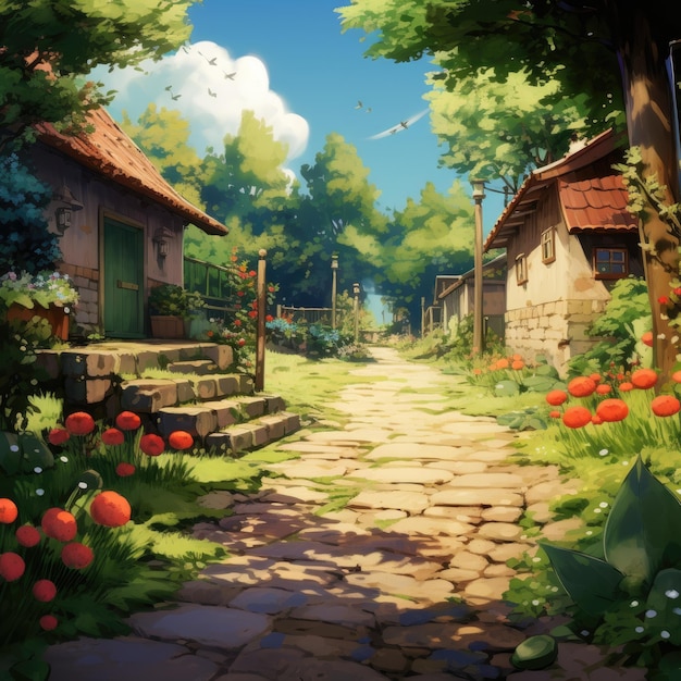 Encantador paisaje de jardín Encanto en el servicio de entrega de Kiki del Studio Ghibli Fondo sin Cha