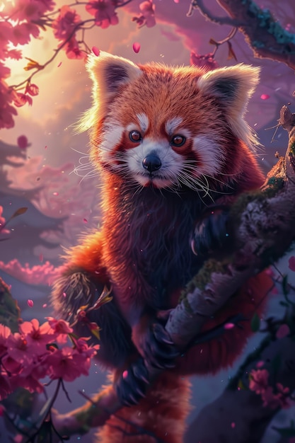 El encantador panda rojo en un mágico bosque de cerezos en flor al crepúsculo