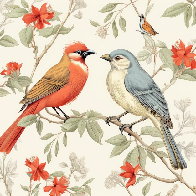 Encantador papel pintado vintage con caprichosas ilustraciones de pájaros sobre un sereno fondo blanco