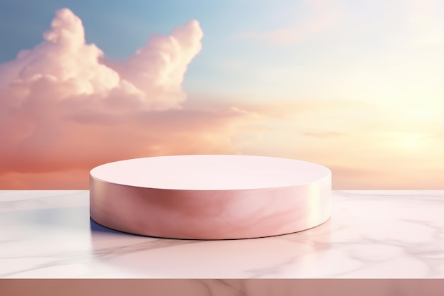 El encantador paraíso de verano exhibe productos de belleza sobre un fondo de oro rosado nublado