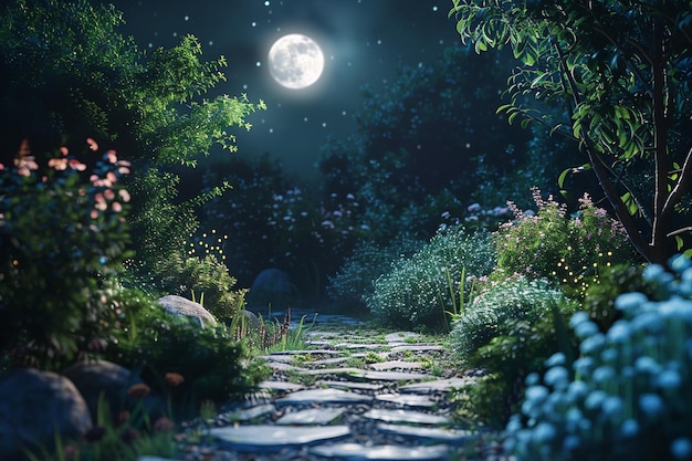 Encantador paseo bajo la luz de la luna a través de un jardín