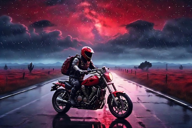 Encantador paseo en motocicleta de 8 km Ghost Rider en Rainy Night Road bajo un cielo rojo estrellado