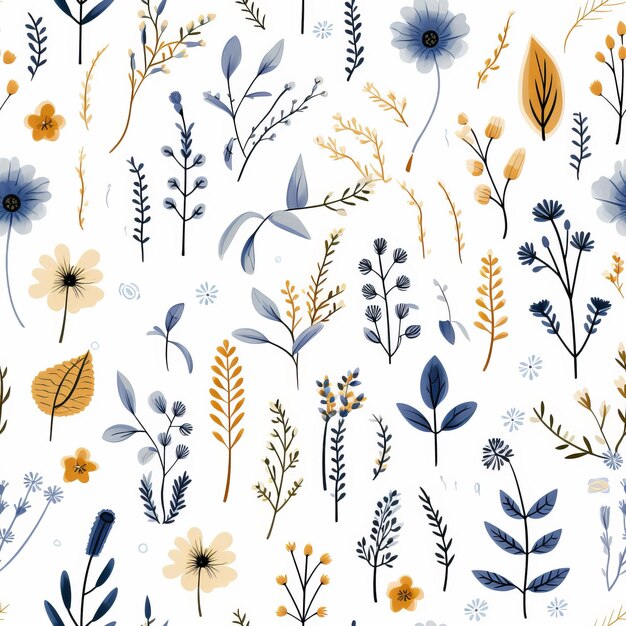 Encantador patrón de flores azules y amarillas sobre un fondo blanco