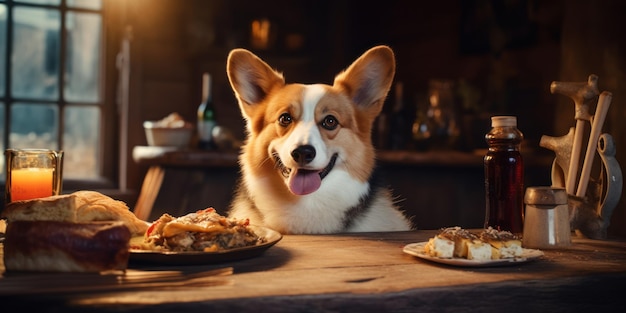 El encantador perro corgi disfruta alegremente de una deliciosa comida en una acogedora mesa de madera saboreando cada bocado con entusiasmo generativo de IA