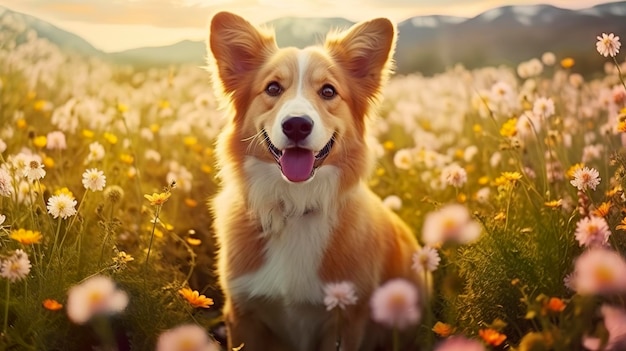 Encantador perro corgi con flores en la primavera IA generativa