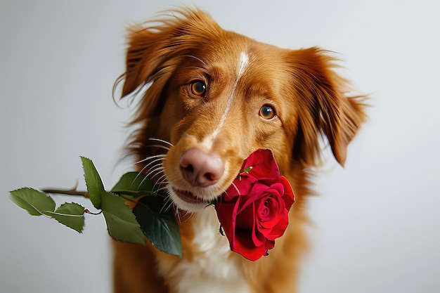 Encantador perro pelirrojo con una rosa roja