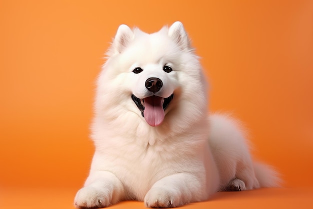 El encantador perro Samoyedo posa contra un fondo de colores vibrantes Relación de aspecto 32