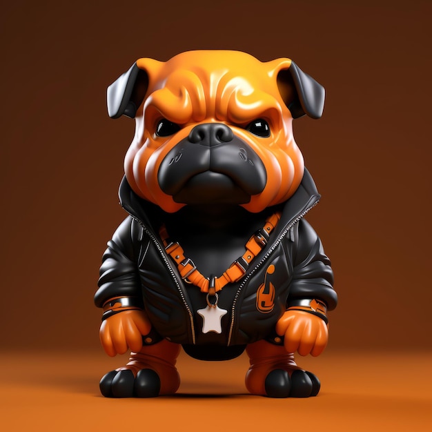 El encantador pug marrón de juguete en una chaqueta de cuero Neonpunk estilo Zbrush