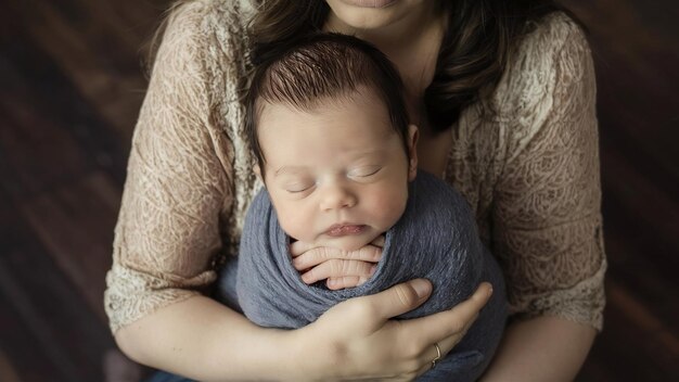 El encantador recién nacido duerme en los brazos de su madre.