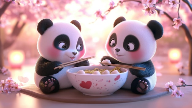 Encantador renderizado en 3D de la escena romántica de la cena del Día de San Valentín de los Pandas