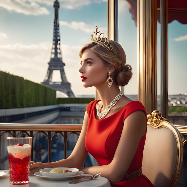 En un encantador restaurante parisino estaba sentada una joven con llamativos labios rojos mirando desde el exterior.