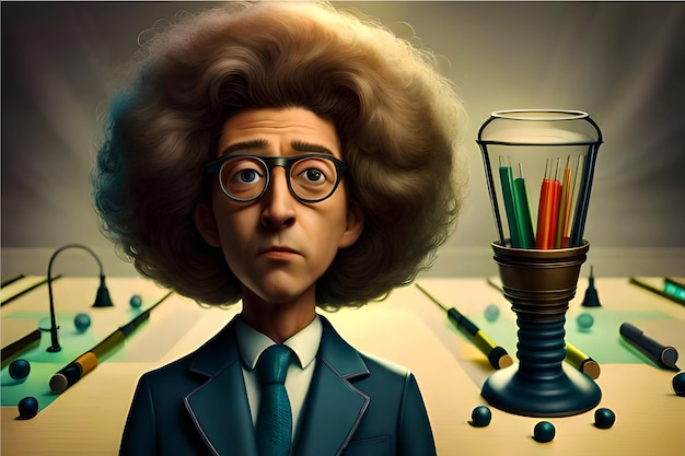 encantador retrato de desenho animado em 3D de um cientista peculiar com cabelo selvagem cercado por tubos de ensaio borbulhantes