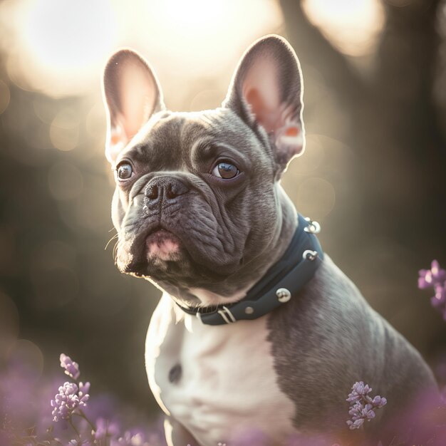 Encantador retrato digital hiperrealista de bulldog francés feliz en la naturaleza