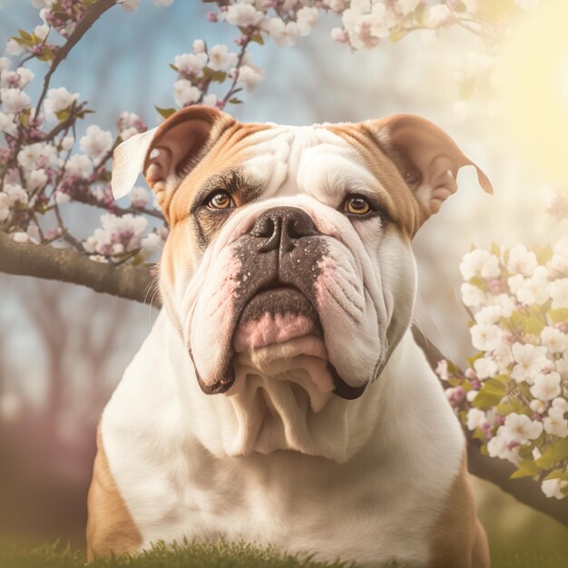 Encantador retrato digital hiperrealista de perro bulldog feliz en la naturaleza