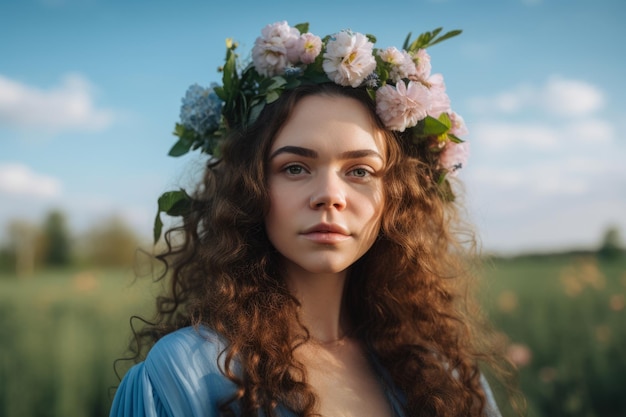 Encantador retrato de una mujer joven con cabello castaño rizado adornado con una corona de flores azul cielo