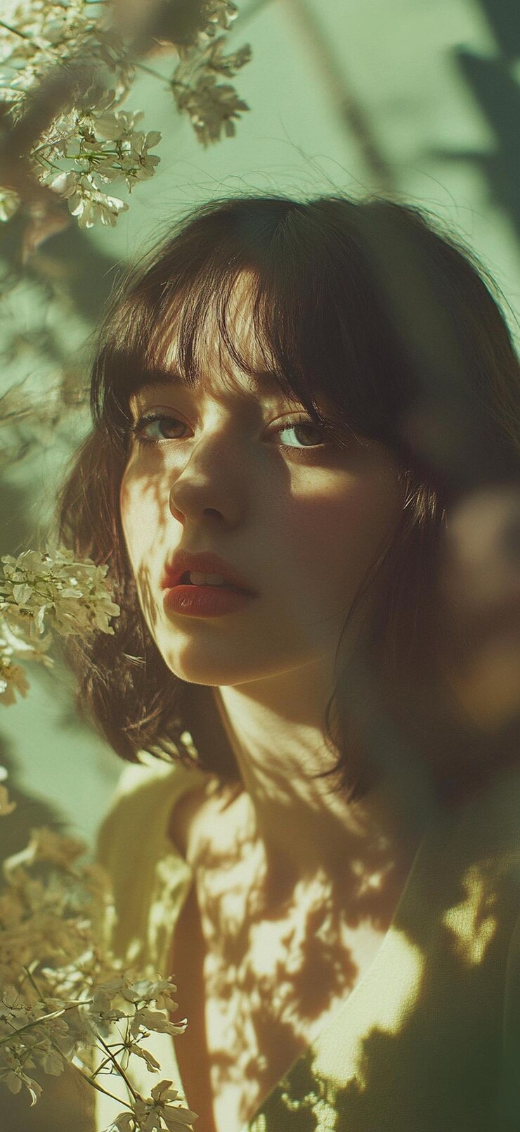 El encantador retrato de una mujer entre sombras florales en una luz suave
