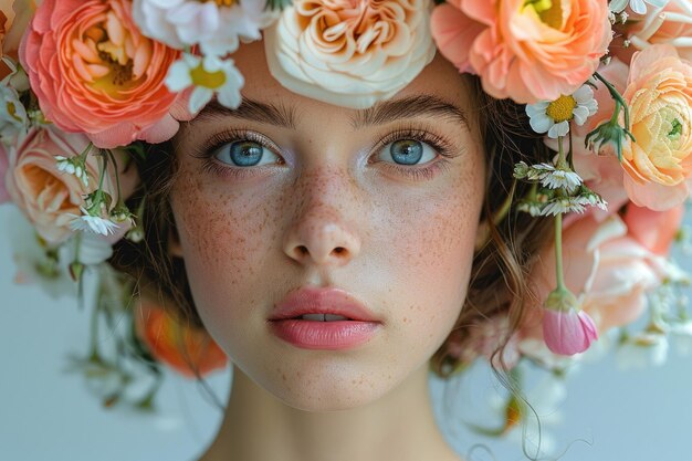 Un encantador retrato de una persona adornada con una colorida corona de flores