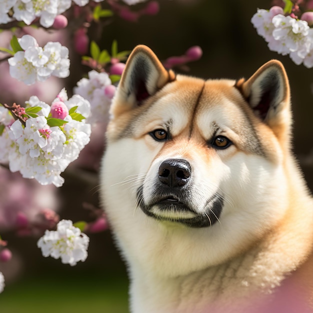 Encantador retrato realista de akita inu con flores y fondo al aire libre