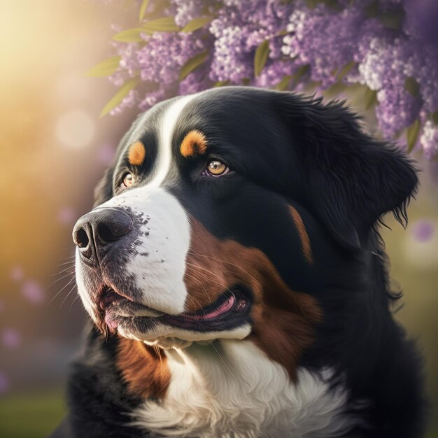 Encantador retrato realista del perro de montaña bernés feliz en el exterior natural